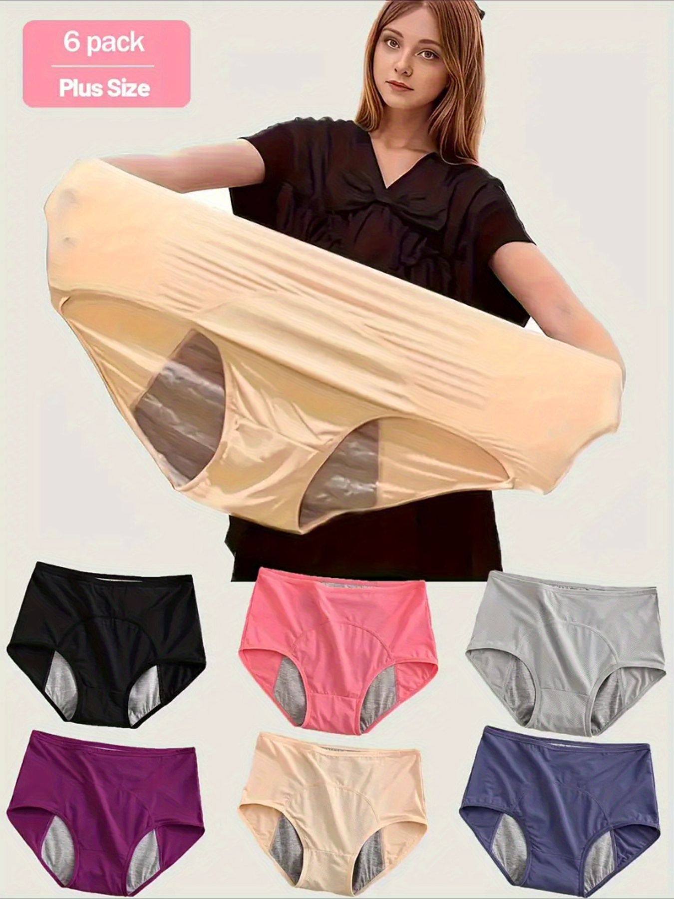 6pcs plus size womens leakproof period panties high waist tummy control stretchy nylon blend 6 vibrant solid colors breathable comfortable for casual attire tummy control panties menstrual underwear highwaist design nontransparent fabric