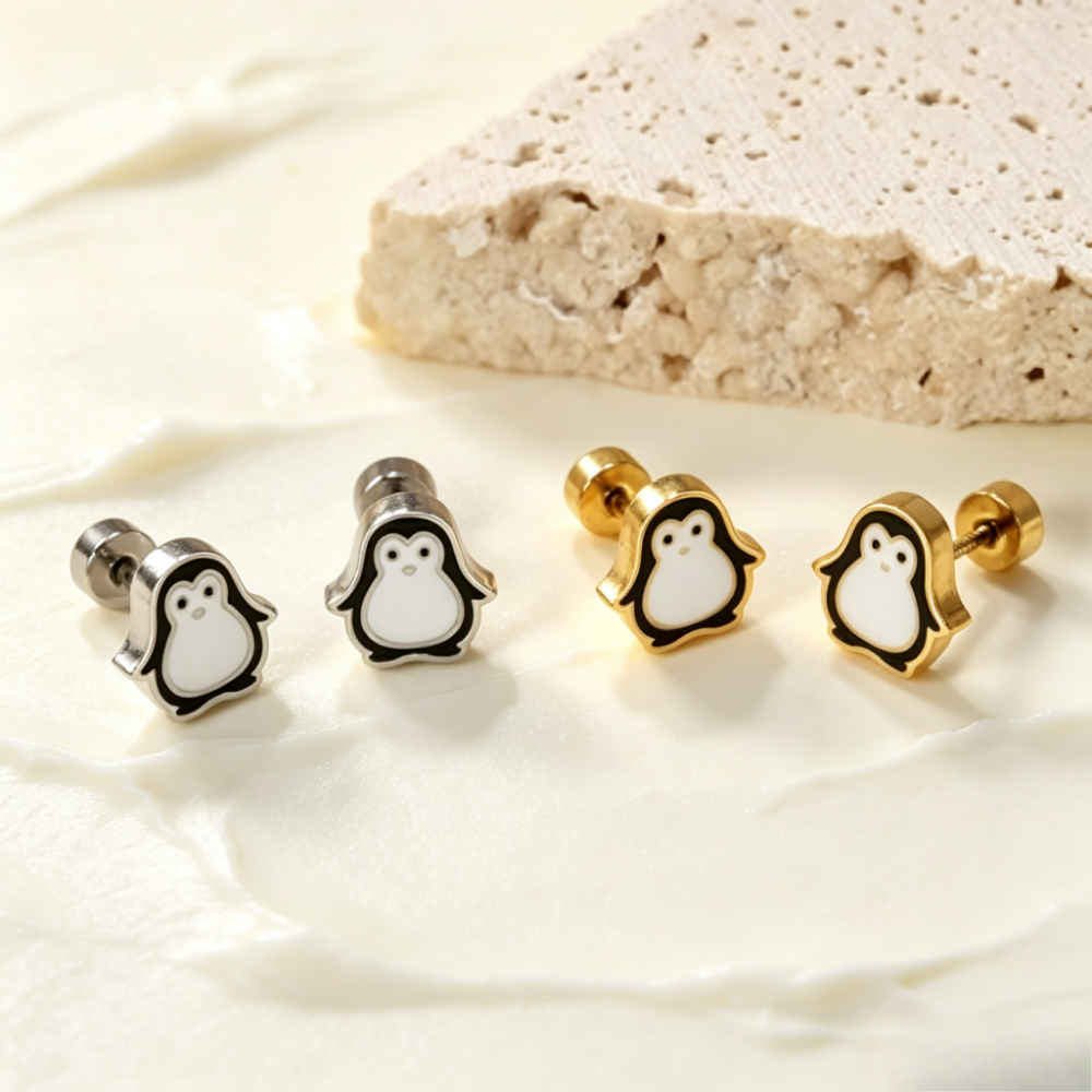 Penguin Stud Earrings in 316L Stainless Steel, Cute Animal Design