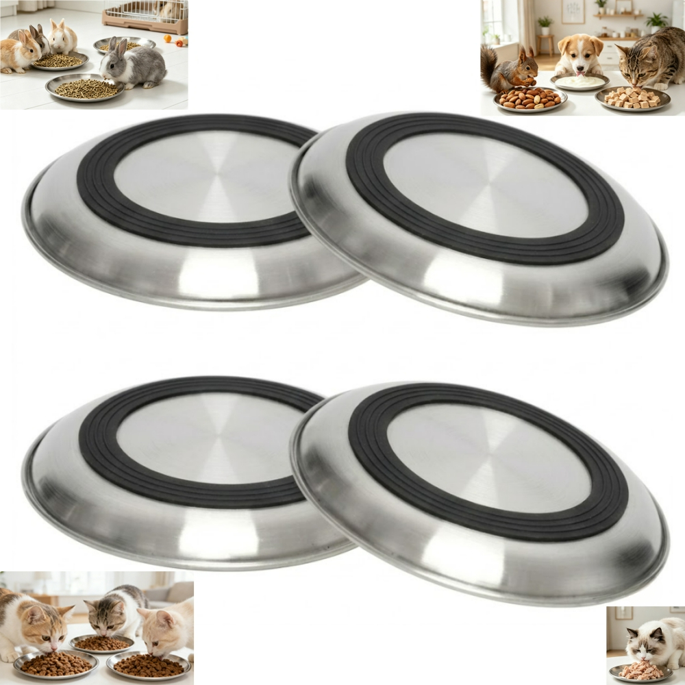 TEMU 4pcs Large Size Anti-slip Stainless Steel Cat Food Bowls, Cat Dining Dishes, Shallow Design Suitable Fur, With Anti-slip Silicone Base,