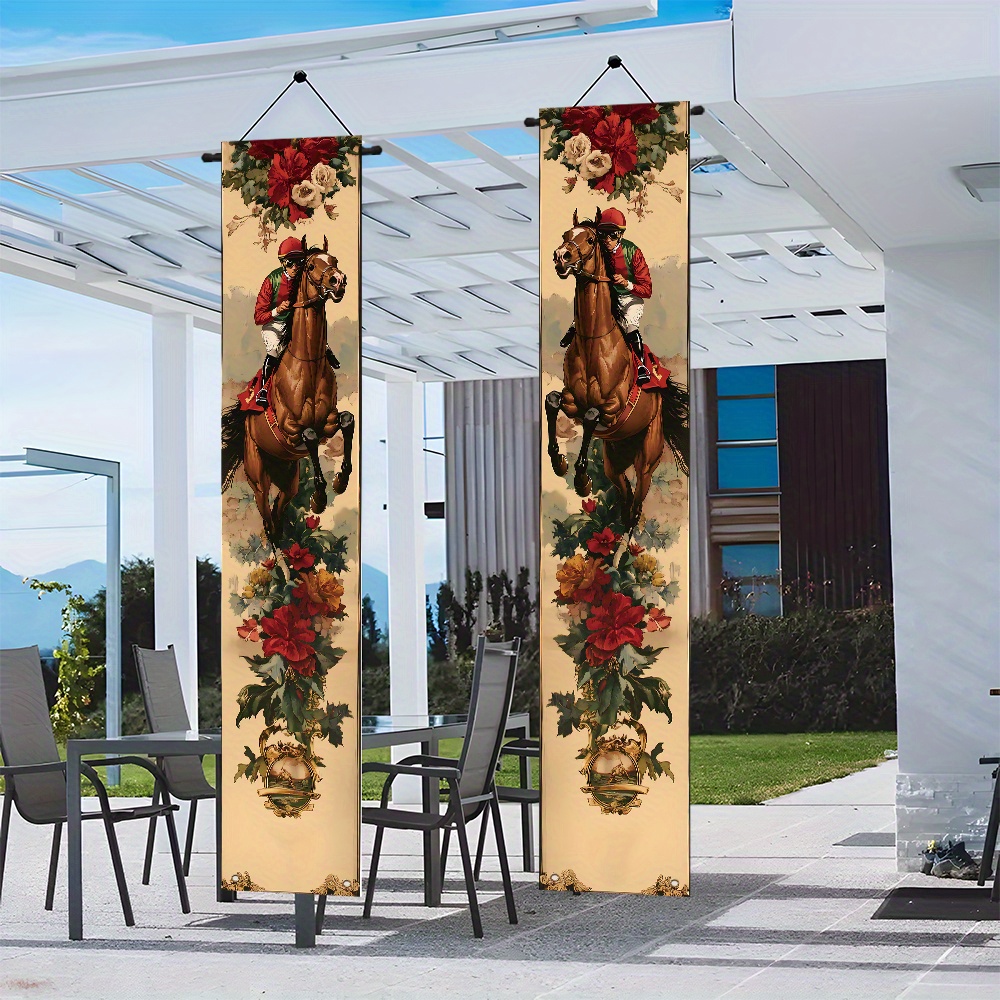 

1 Pair Of Vintage Porch Banners - Elegant Horse Racing & Roses Design, Polyester, Ideal For Home Wall, Yard, Or Garage Decoration, No Power Needed,