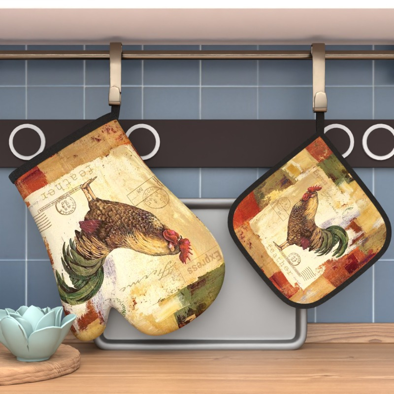 

2pcs Set Yellow Feather Rooster Oven Mitts & Pot Holders - 10.6x6.7" Heat Resistant, Distressed Decor For Grilling, Cooking, Baking & Microwaving