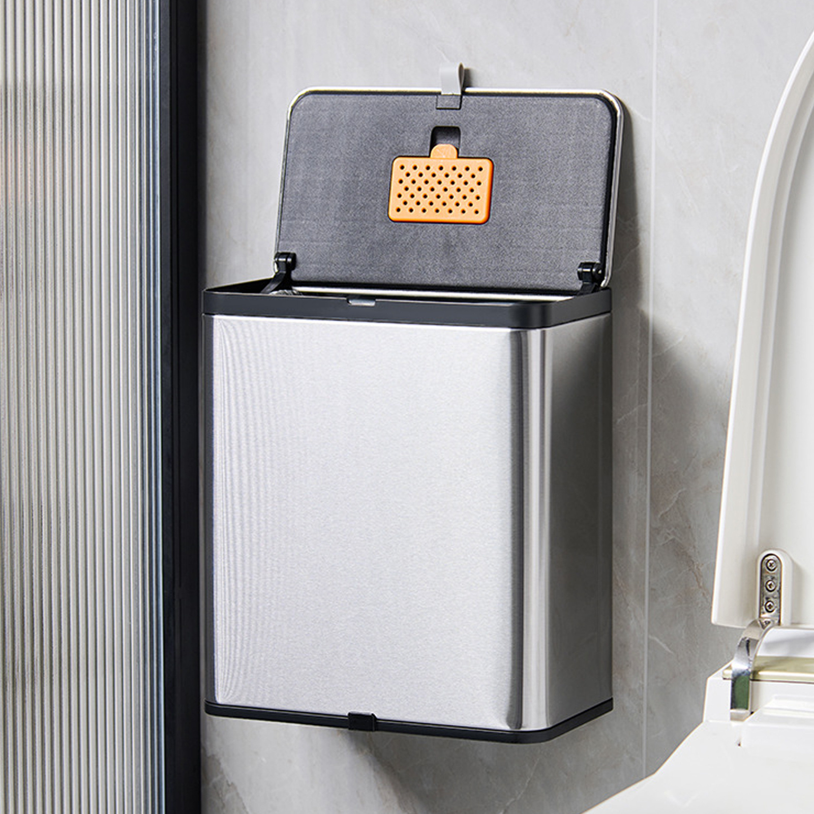 8l Stainless Steel Trash Can Square Design Wall- Mounted Kitchen Garbage Bin With Slide Lid For Home Office Bathroom