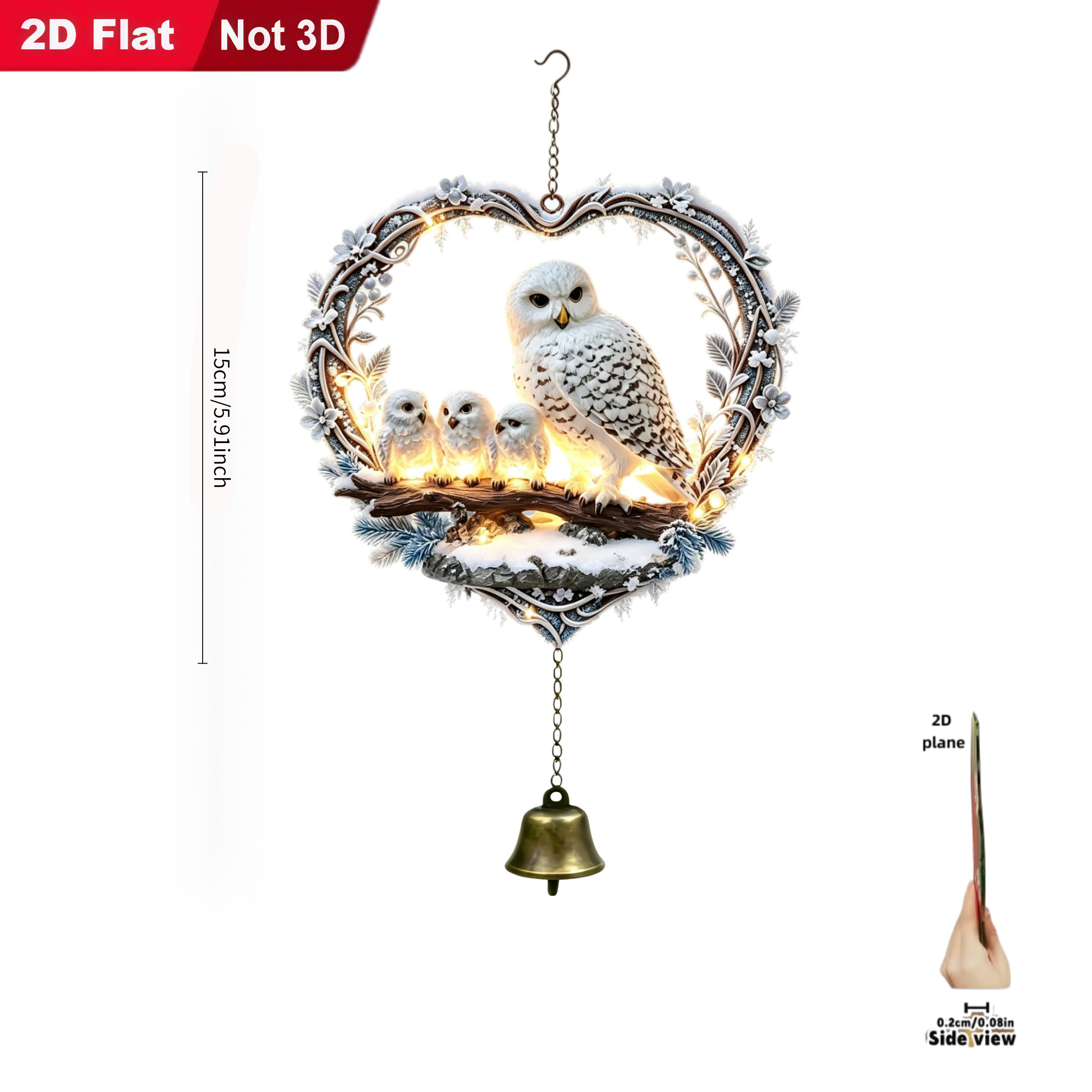 TEMU [2d Flat] Winter Heart Snowy Owl Wind Chime Ornament, Featuring A Frost-covered Heart-shaped Carved Frame With Icy Branches, Foliage, And Small