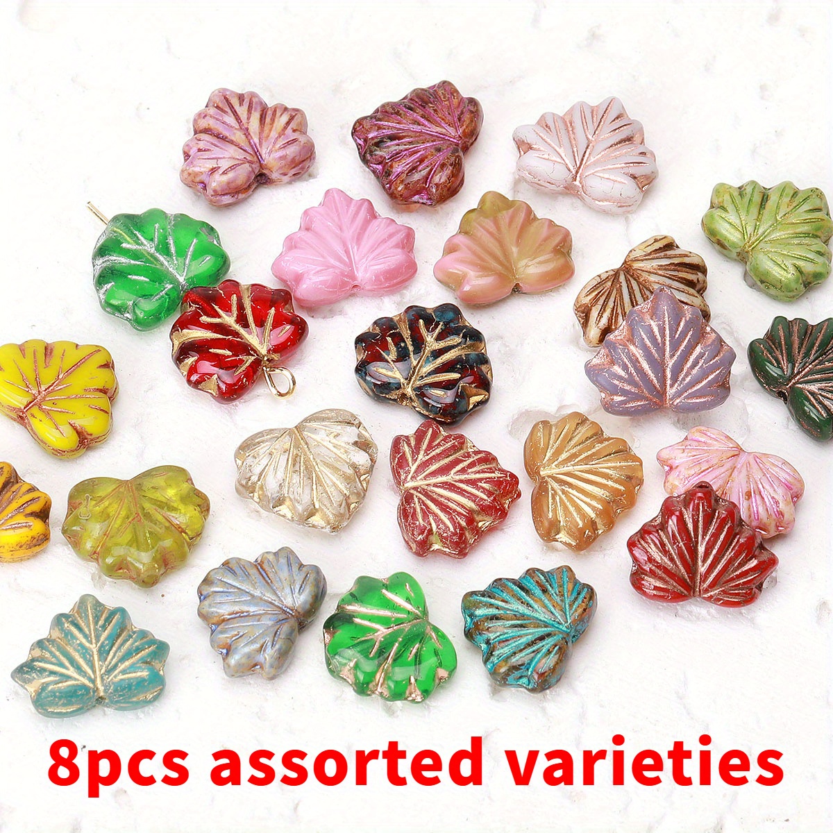 TEMU 1.3X1.1Cm 8pcs Perles de verre tchèque aléatoires de couleur, de feuille d'érable multicolore lisse, bracelets artisanaux, , perles d'ajout,