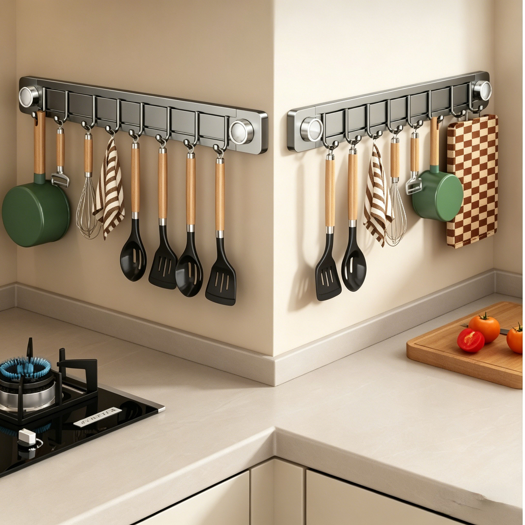 1er Pack Hakenleiste mit Saugnapf, beweglich, ohne Bohren, für die Küche, Utensilienhalter, Organizer zur Wand-/Über-Schrankmontage, rostfreies, platzsparendes Aufbewahrungsregal für Spatel, Löffel,