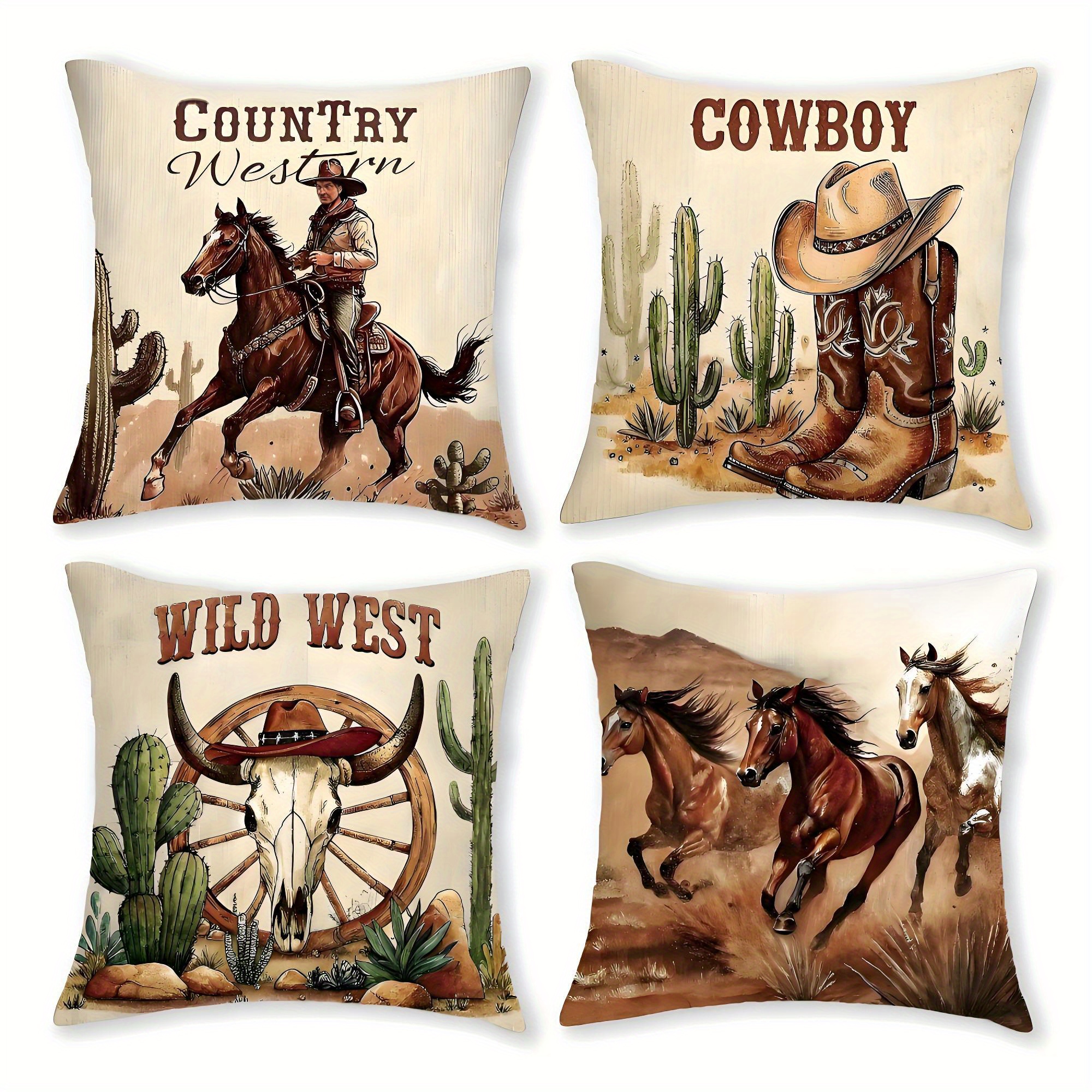 TEMU Ensemble de 4 housses de coussin Country Western Cowboy en tailles, avec fermeture éclair et en polyester confortable. que les garnitures de