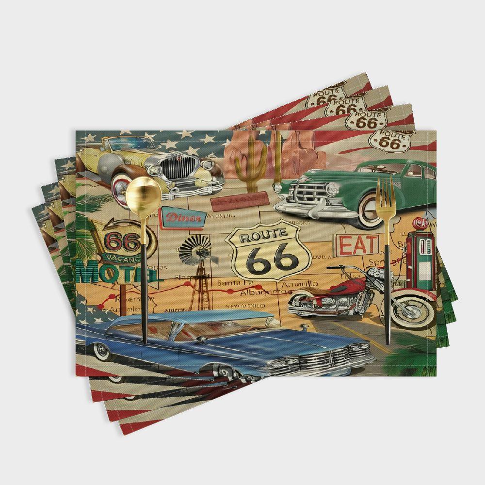 

2025 Gift Place Mats Set Of 4, Old Fashioned Cars Motorcycle On A Map Journey American Usa , Washable Fabric Placemats For Dining Table, Standard Size, Red