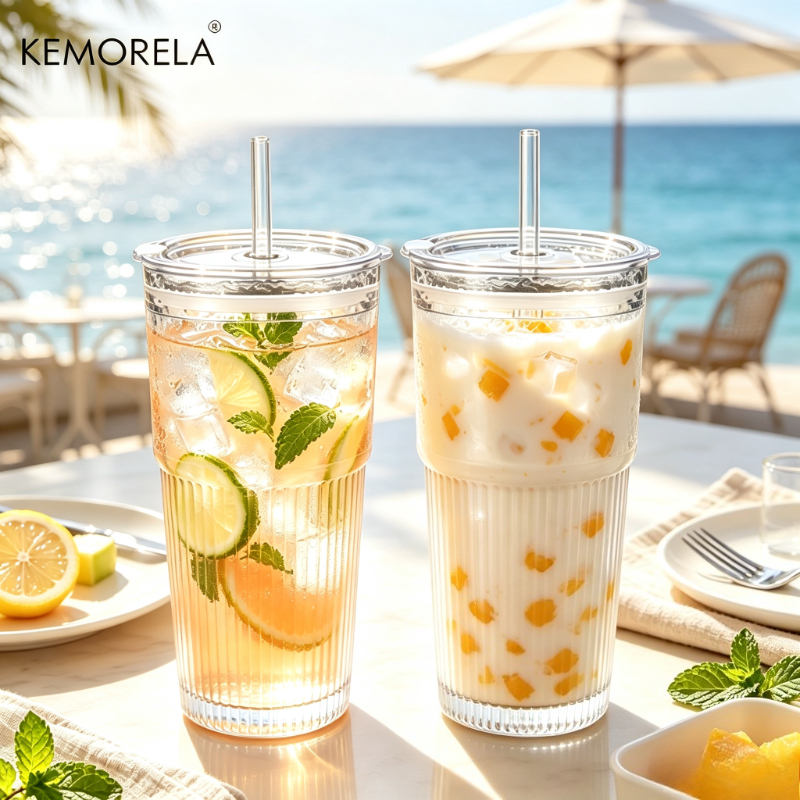 Image of Kemorela 2pcs Set Of Clear, Ribbed Glass Cups, Complete With Plastic Lids And Straws; Suitable For , Iced Coffee, Smoothies, And Other Beverages; Reusable And Dishwasher-safe.