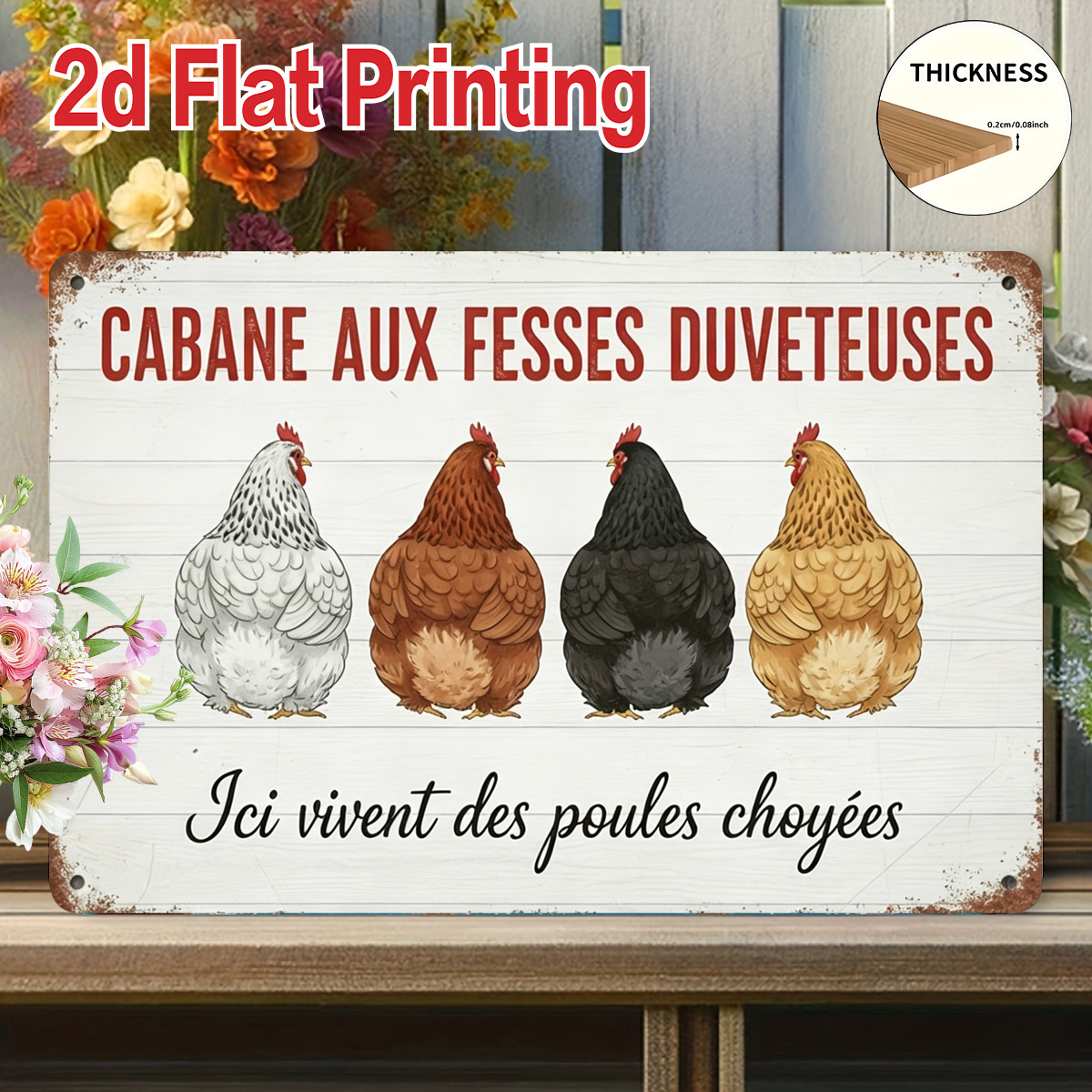 TEMU Panneau mural plat 2D, 1 pièce, "Poule pamperée" - Décoration de poulailler en bois de ferme vintage avec français et motif d'art de volaille -