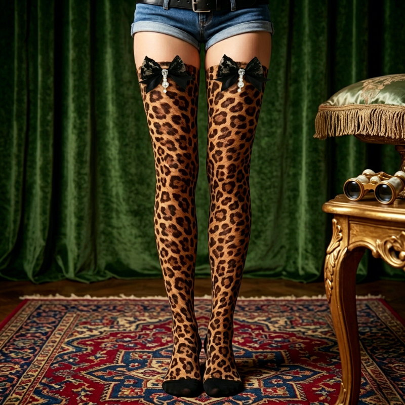 TEMU Leopard Print Thigh-high Socks Black Bowknot Decor Pearl Over-the-knee Stockings Cute Coquette Style Spicy Y2k Graphic Long Socks For Women