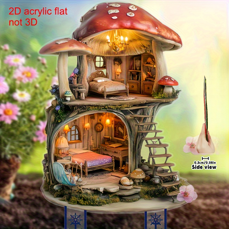 TEMU 2d Flat, [2d Flat] 1pc Rustic Mushroom Cottage Garden Stake - 2d Flat Printed Acrylic Mushroom With , Suitable For Lawns, , Courtyard Decor -