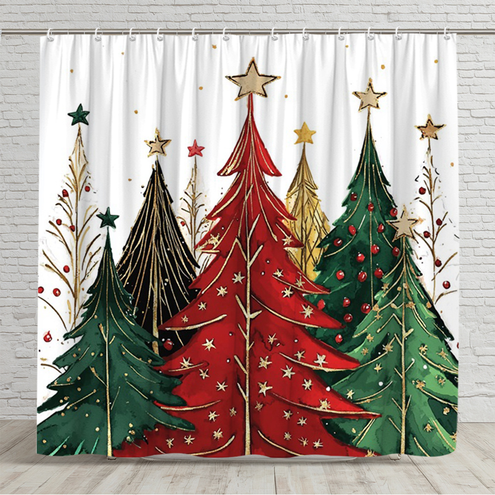 TEMU 1pc Christmas Shower Curtain Red And Design Holiday Bathroom Partition Curtain Set 70.8x70.8 Inch With 12 Hooks Bright Festive Decor With Stars