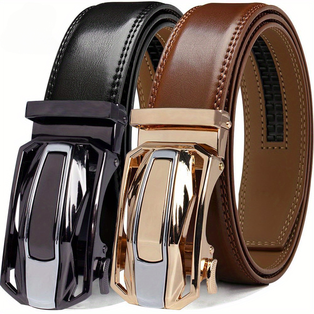 TEMU 2pcs Men's Ratchet Leather Belt Set - Sliding Belt Adjustable For Gift Mens Dress Fashion Belts1 3/ 8", Christmas Gift 's Belt Accessory