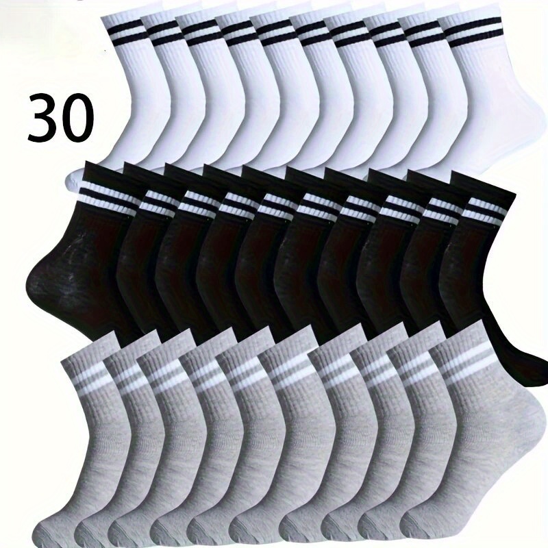 Image of 30-pair Random Color Black And White Long Socks, Couple's Striped Bar High- For Men And Women, Sports Mid-calf Socks, Trendy Socks