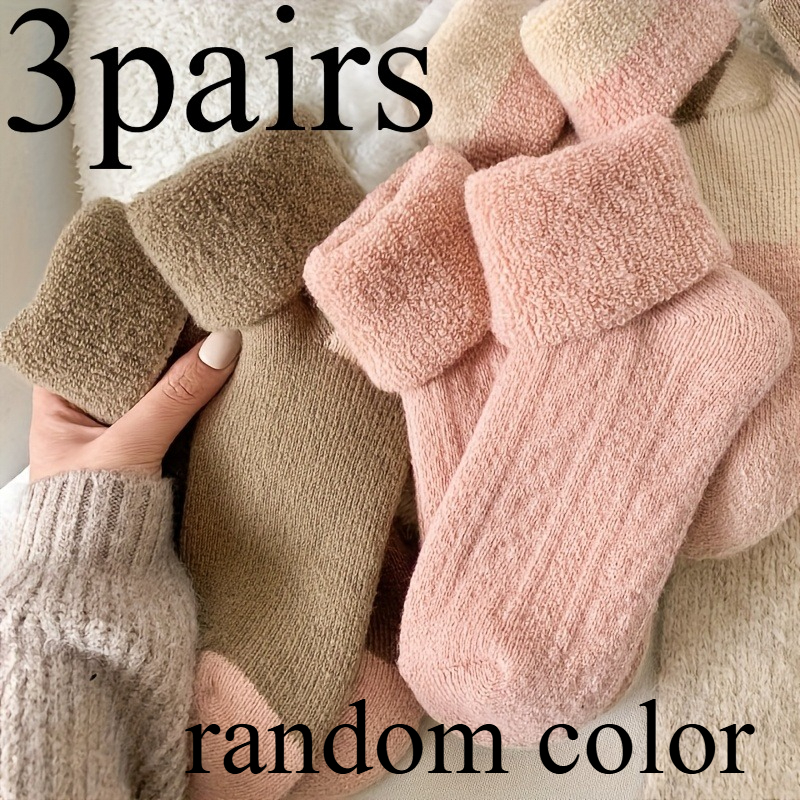 TEMU 3 Pairs Women's Mid-calf Socks In Random Colors - Thickened Winter Thermal Socks With Star Pattern, Plush , Hand Wash, Solid Color, Suitable For