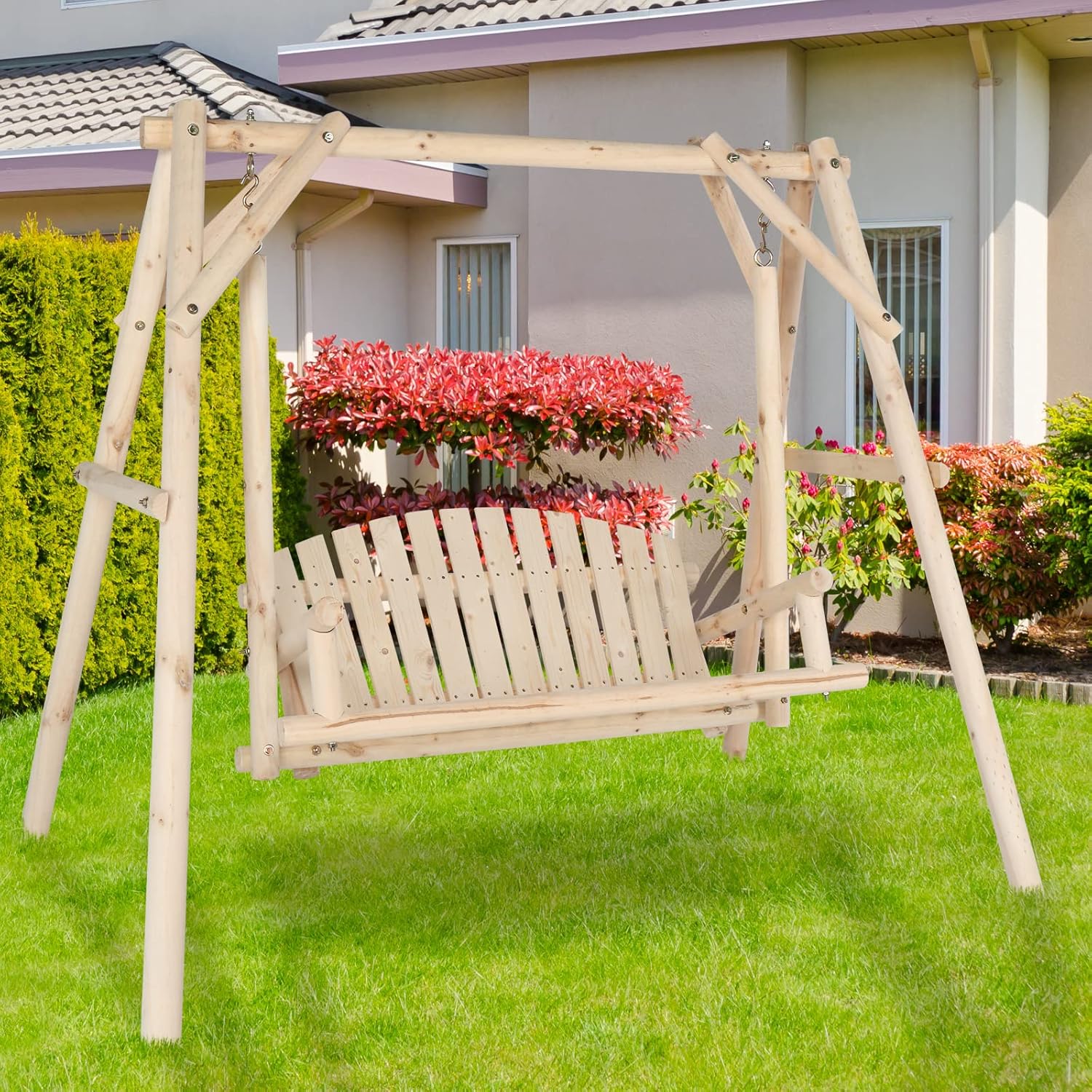 [Heavy Duty Swing] Bonnlo Heavy Duty 880 LBS Wooden Patio Porch Swing with A-Frame Stand, Hanging Swing Bench Chair with Frame for Outside, Yard, Garden (Rustic Sequoia Dusk/Natural)