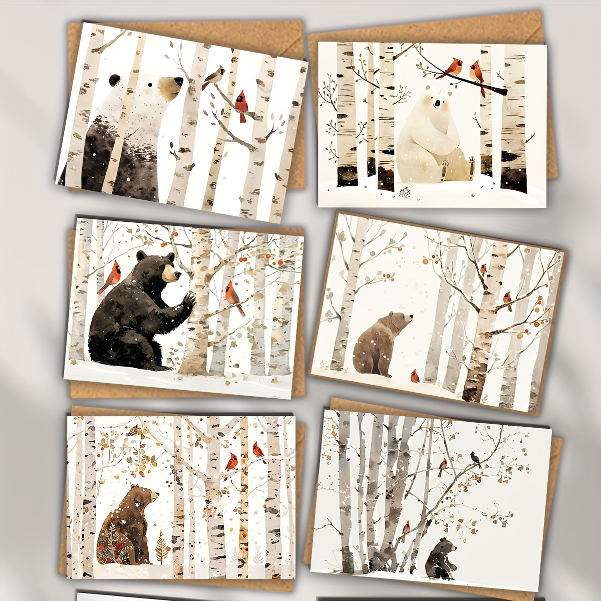 12pcs Christmas Watercolor- And Bird Mixed Pattern Greeting Cards With Envelopes, 9*13cm/3.54*5.11in When Folded, Expands To 18*13cm/7.08*5.11in For Writing Messages, Christmas Card Set For Wishes