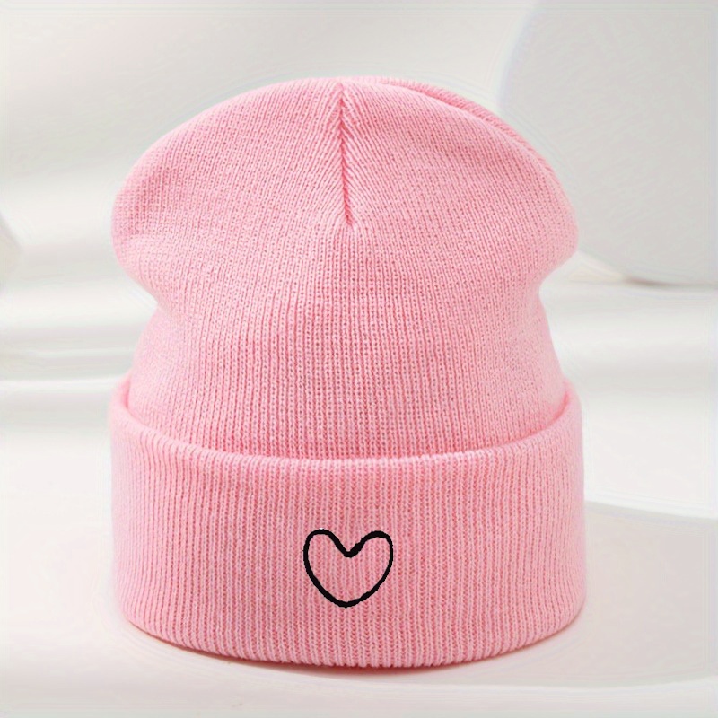 TEMU 1pc Pack Beanie Cold Heart-shaped, White, Embroidered, Versatile Autumn Winter, 100% Acrylic, Hand Washable, , Breathable - Unisex, Suitable For