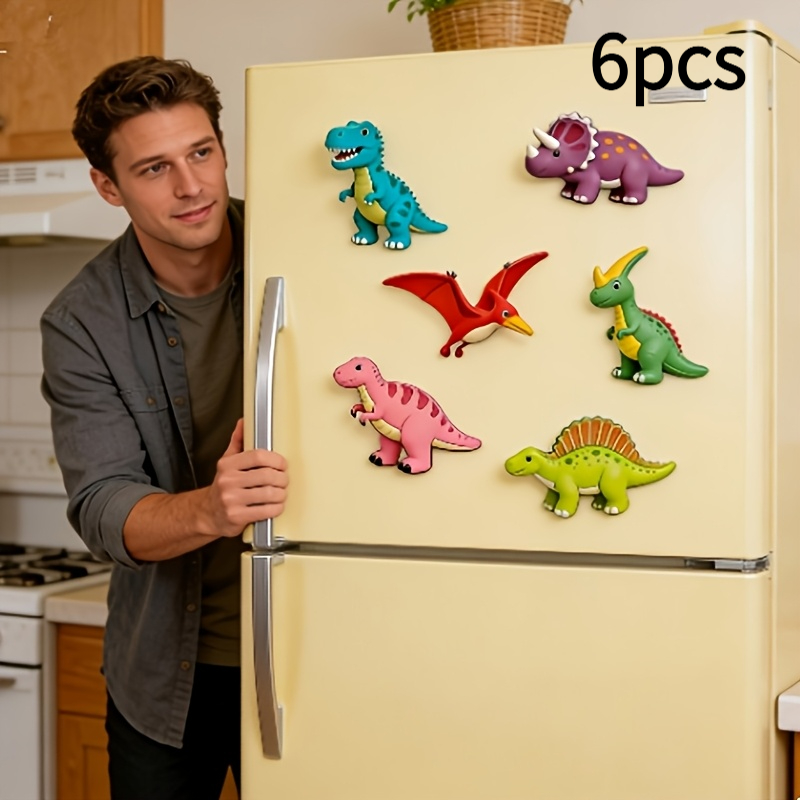 TEMU Lot de 6 aimants de réfrigérateur dinosaures, décoration de chambre - Ensemble d'aimants de dessin animé avec base, ovales, bords arrondis pour