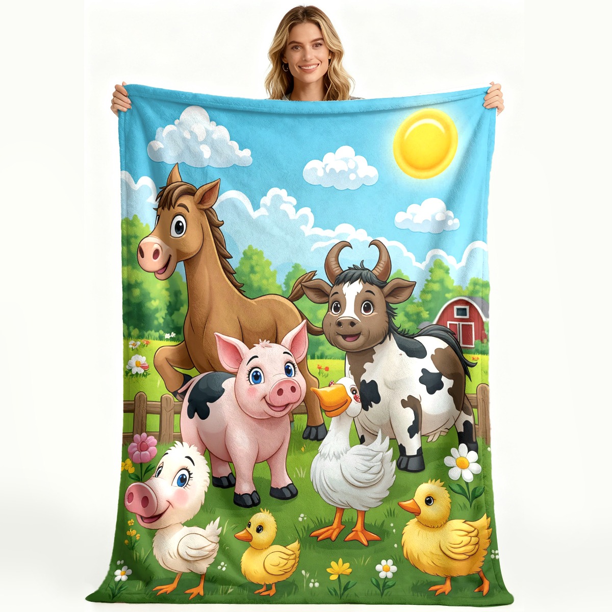 Happy Farm Animals Gathering Pattern Flannel Blanket