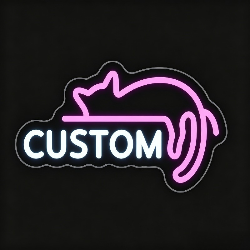 Custom Pink LED Neon Sign, Lazy Cat-Shaped, USB Powered