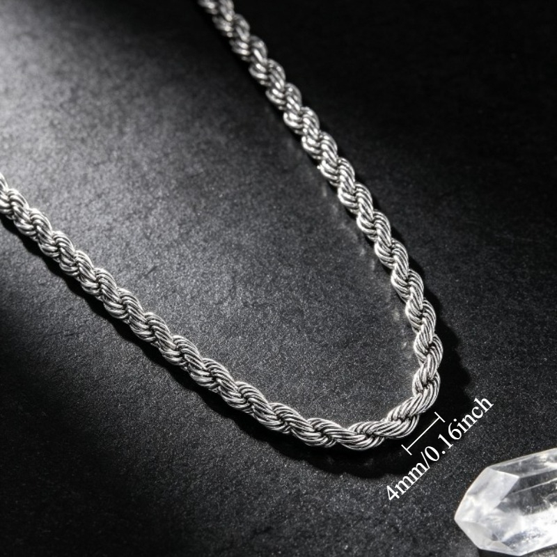 Women's Glossy Silvery Twisted Rope Braid Necklace, Stainless Steel