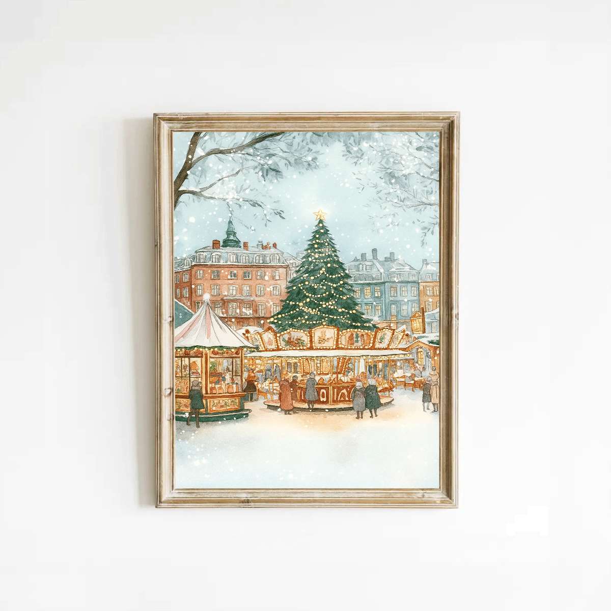 TEMU [2d Flat] 1pc Christmas Market Watercolor Canvas Wall Art - Festive Winter Scene With Christmas Tree, Unframed 2d Flat Print For Living Room,