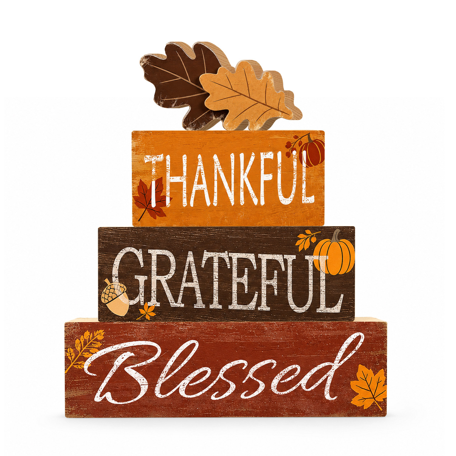 TEMU 4pcs Rustic Thanksgiving Wooden Tiered Tray Decor, Farmhouse "thankful Grateful Blessed" Wooden Block Signs, Vintage Pumpkin Pattern Tabletop