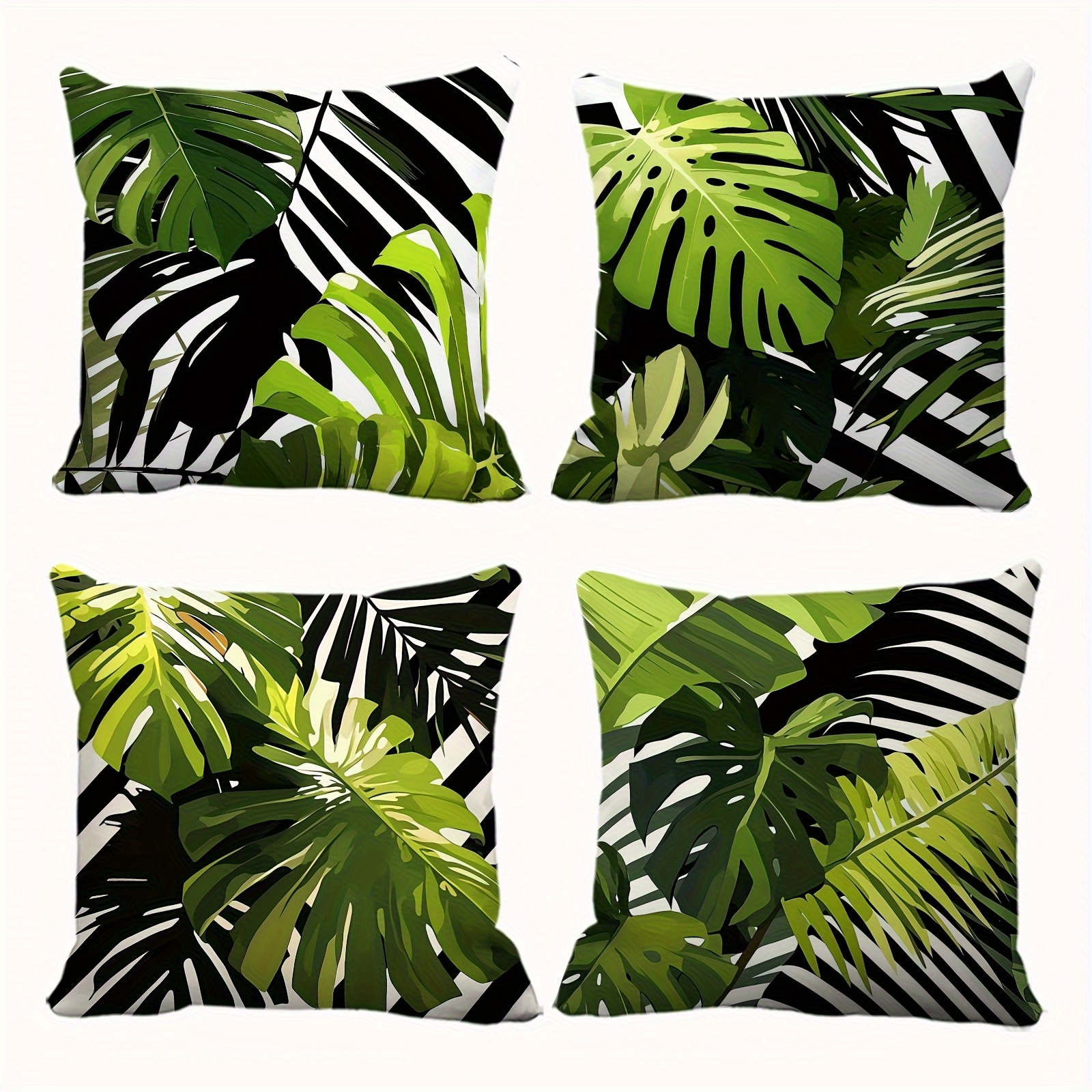 TEMU 4pcs Green Leaf Print Pillowcases, Soft And Comfortable Cushion Covers, Living Room, Sofa, Bed, Bedroom, Room, Porch, Patio, Car, Office, Home