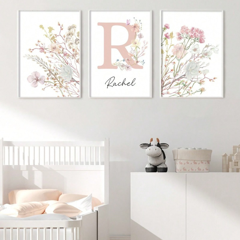 

Print Painting, 3pcs Custom Name Canvas Wall Art Set - Pink Floral Posters For Girls' Bedroom & Nursery Decor, , Room Decoration, Hanging Pictures, Kindergarten, Room Decor