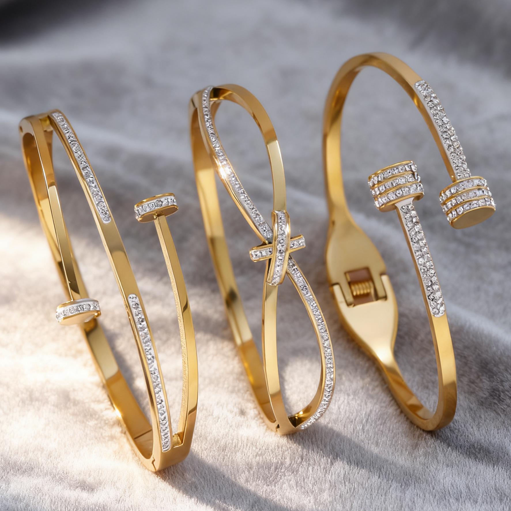 E-shop 3er/1er Set modische Damenarmbänder aus 18K vergoldenetem Edelstahl, geeignet für Damenpartys und den , eingegossen mit synthetischem Zirkonia,