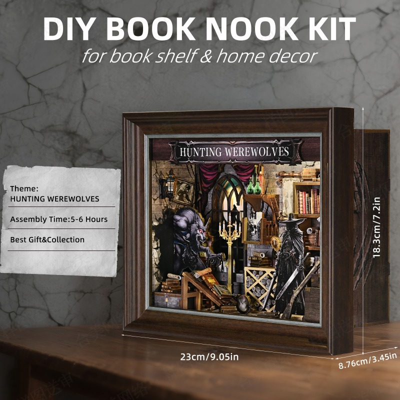 TEMU Mini Maison de Poupée, Kit de Coin de Lecture de Livre en Bois 3D Thème -Garou Scène de Construction Mini Maison de Poupée, Artisanal Puzzle 3D