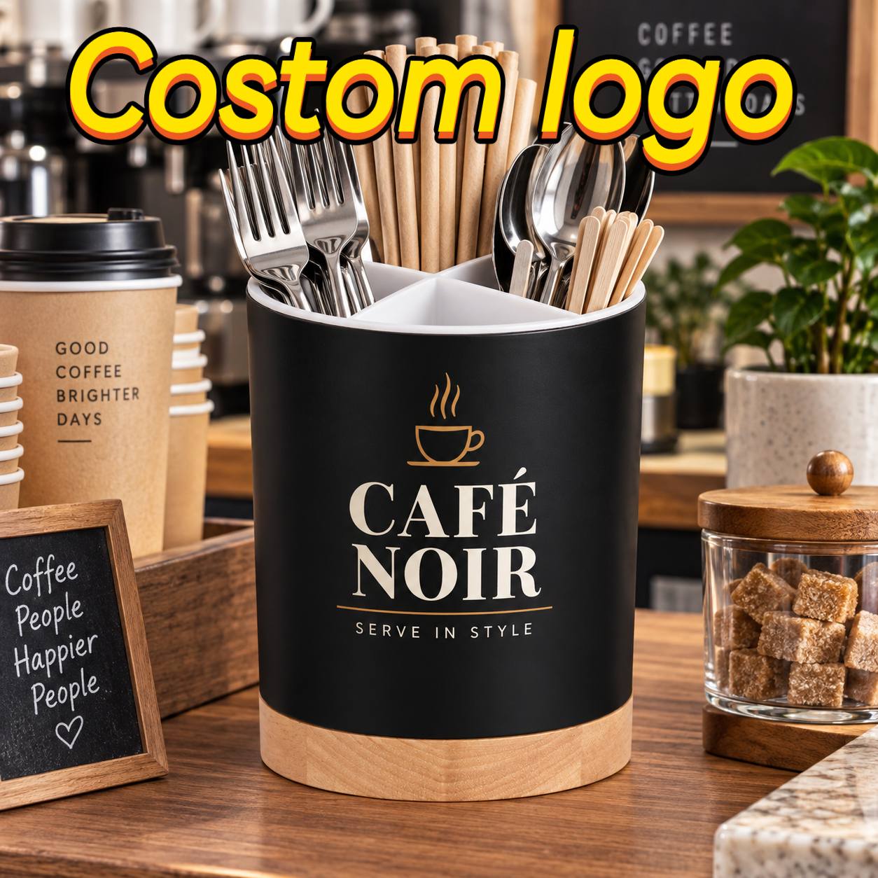 TEMU 1pc Custom Logo Commercial Tableware Storage Tube, & Bistro Themed Printed Desktop Organizer Bin, Multi-compartment Straw, Stirrer, And Sugar