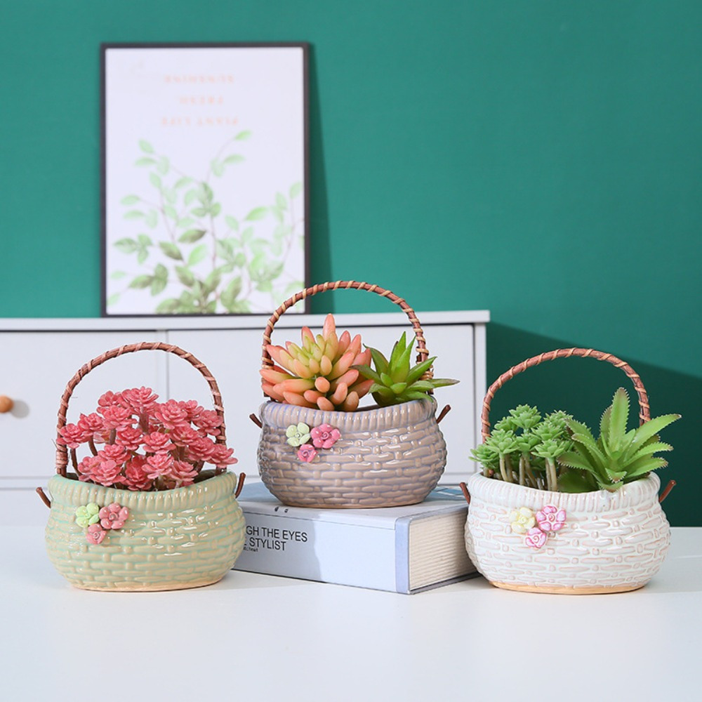 

1pc Modern Handmade Ceramic Succulent Planter - Breathable Coarse Pottery Hanging Basket For Home Decor, Creative Portable With Pinched Design