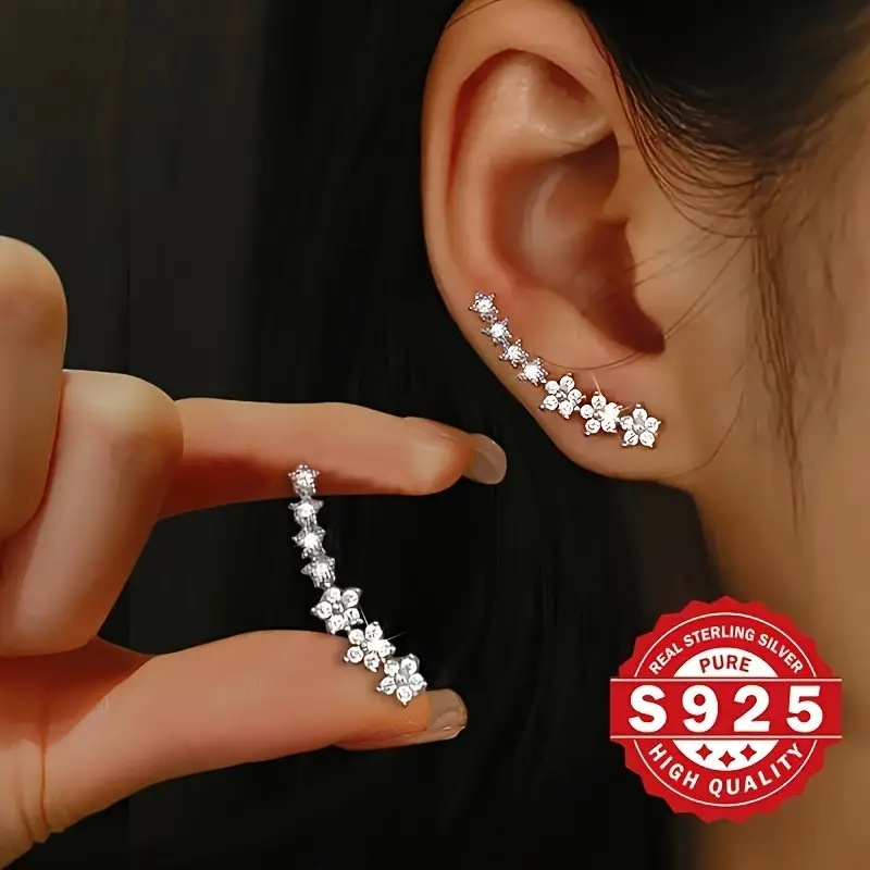Image of Exquisite Ear Climber Earrings For Women Bridal Wedding Earrings Shiny Synthetic Zirconia 925 Sterling Silvery Stud Earrings Jewelry