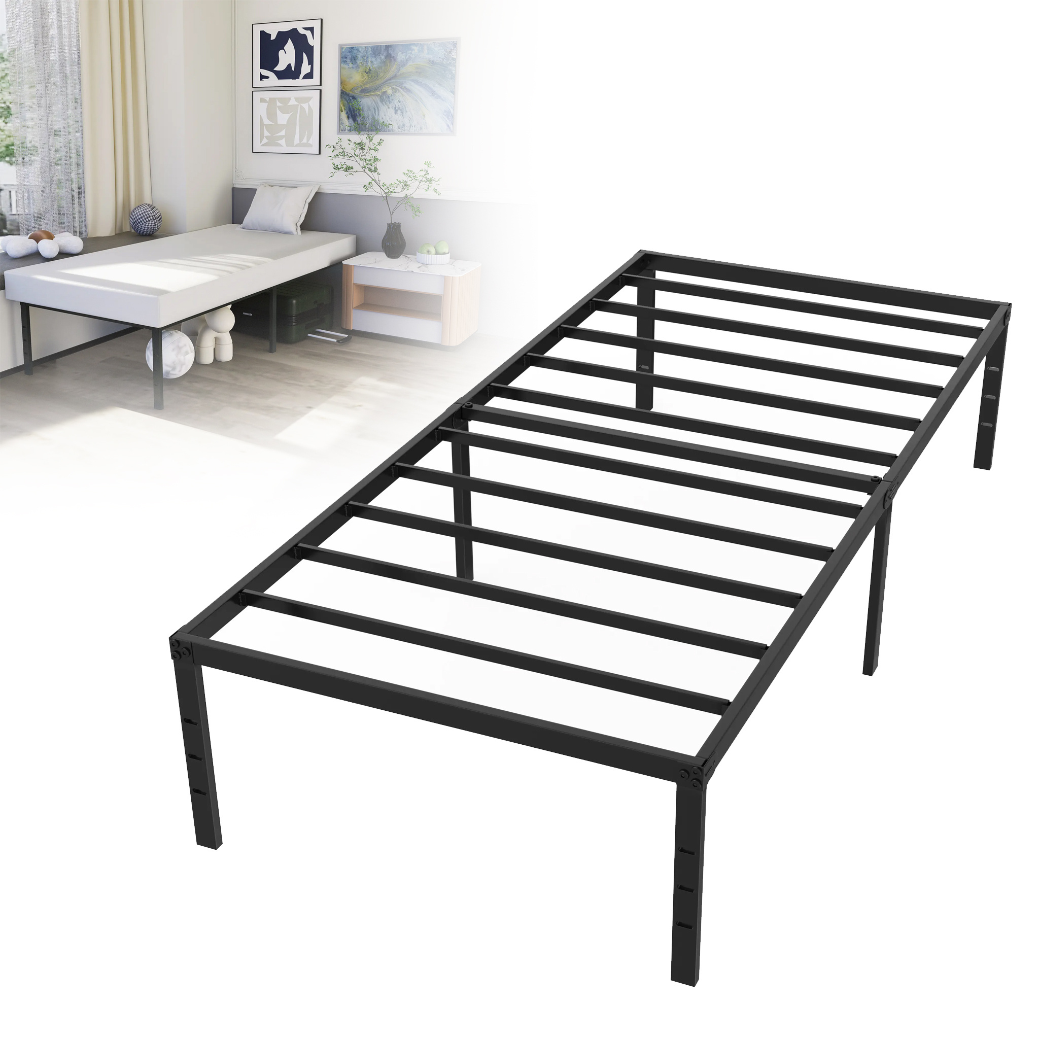 Image of Modern Metal Bed Frame Platform Bed Made Of Metal Steel Slats Storage Space Under Bed For Bedroom Black