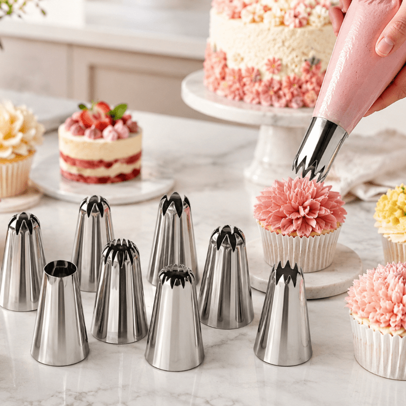 TEMU 8pcs Set Of Used Medium Piping Nozzles - Cake Decorating Tool Kit, Suitable For Making Beautiful Cupcakes, Cakes, , And Baked Goods