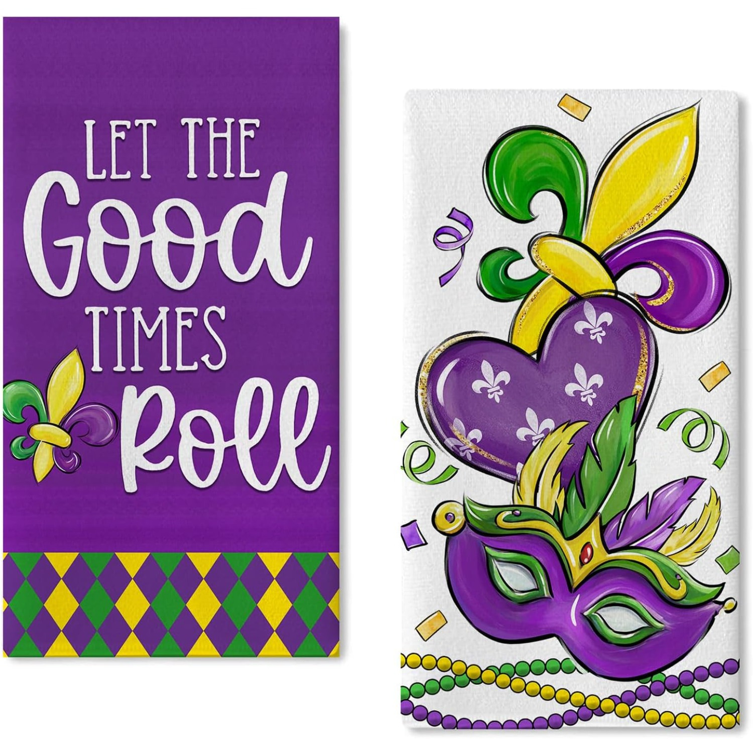 

2pcs Mardi Gras Heart-shaped Hand Towels, Let Times Roll, New Orleans Carnival Masquerade Theme, , Super Soft Knit Fabric, Cartoon Pattern, Polyester, 18x26 Inches, For Drying, Baking, Cooking