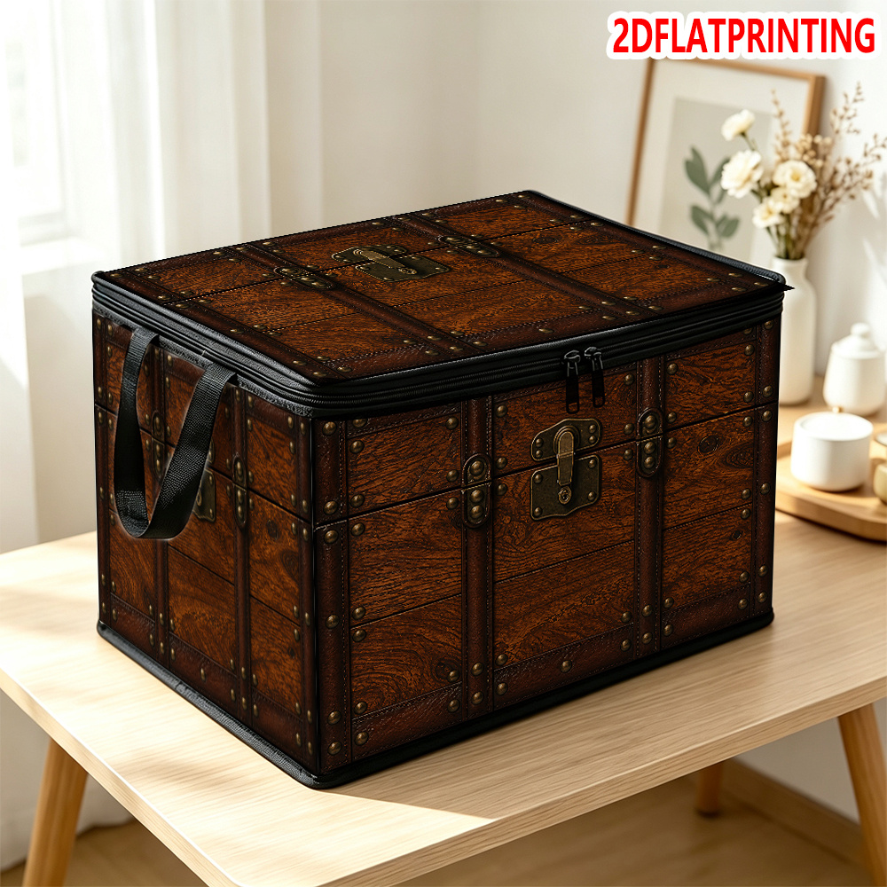 TEMU Maleta Vintage Envejecida con de Madera, Cremallera con Remaches de Latón, Impresión 2D, Organizador de Ropa Plegable de Gran Capacidad con