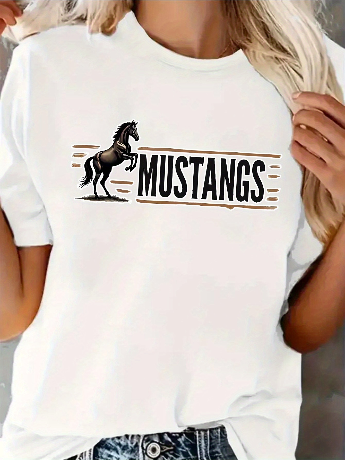 1pc womens y2k style mustangs graphic print t shirt soft breathable short sleeve round neck casual tee with     machine washable quick dry for spring summer casual attire   top medium stretch fabric streetwear fashion vintage aesthetic lightweight top stretchy shirt  