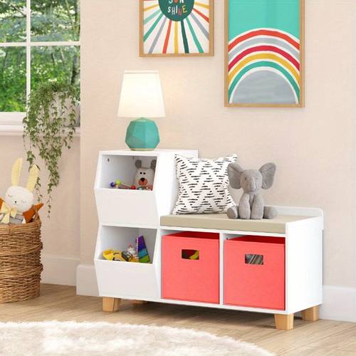 cubby organizer bench with toy storage shelves and cushioned seat white