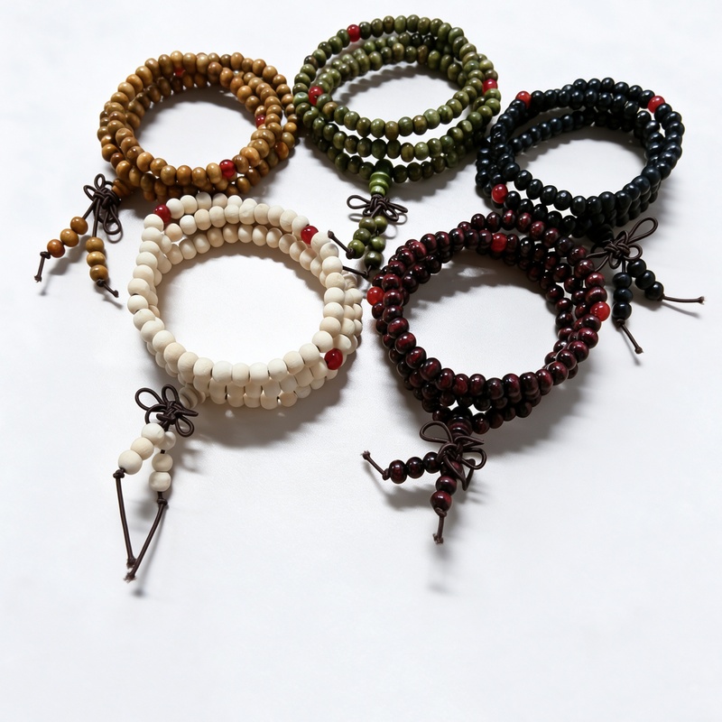 TEMU 5pcs Vintage Bohemian Multicolor Wooden Bead Bracelet Set - 108 Beads Suitable For Daily Wear, Parties & Vacations, Stackable Adjustable Wood