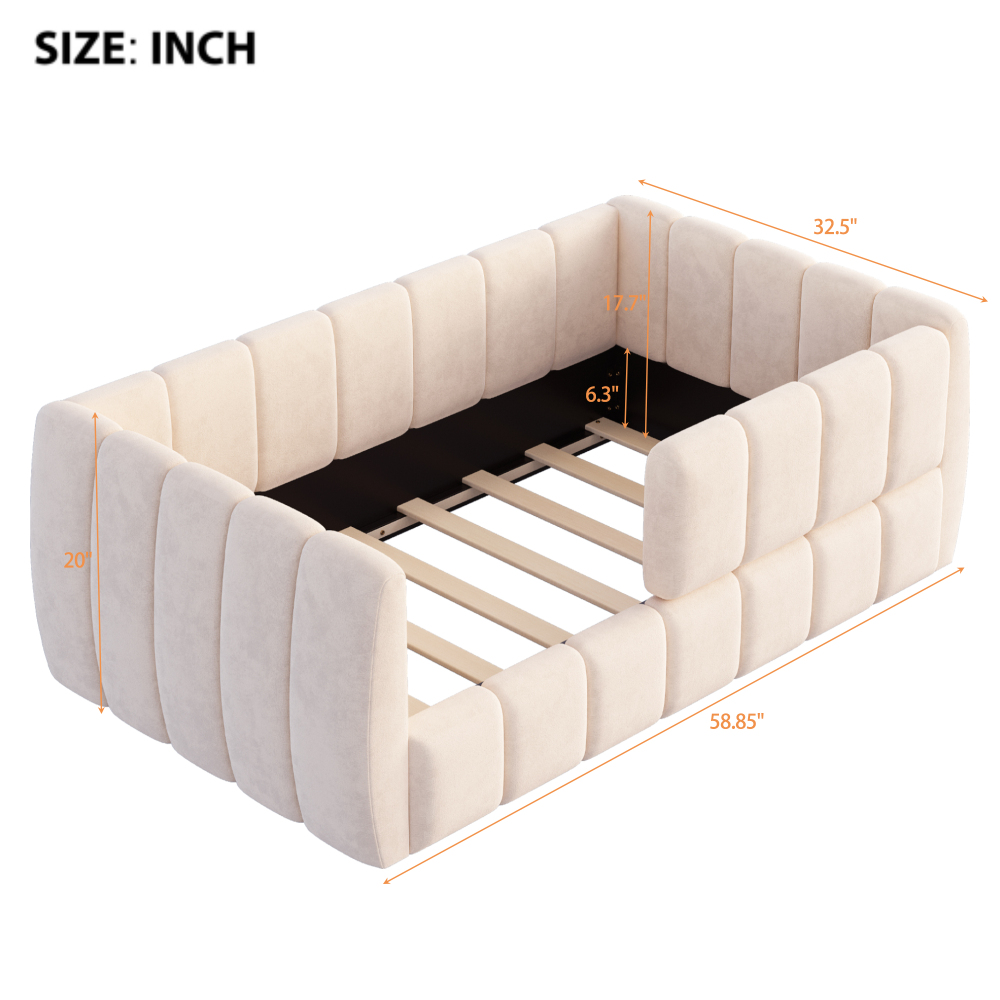 Upholstered Floor Daybed with Removable Guardrails, Compatible with Standard US Mattresses, Safety Bed with High Headboard And Footboard, Beige