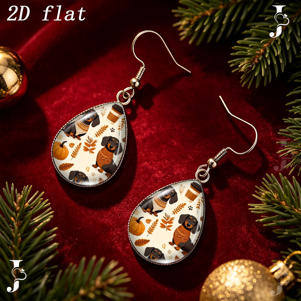 Teardrop Dangle Earrings with Autumn Dachshund Pumpkin Pattern