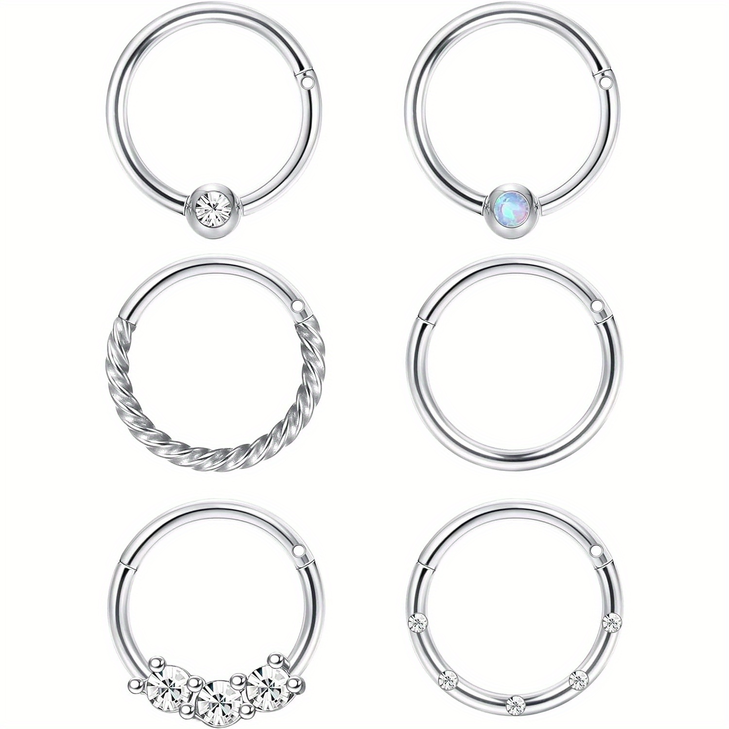 Image of 6pcs Cartilage Hoop Earrings For Men Women Stainless Steel Hinged Clicker Nose Ring Helix Septum Couch Daith Lip Tragus Piercing Sleeper Earrings Jewelry Set