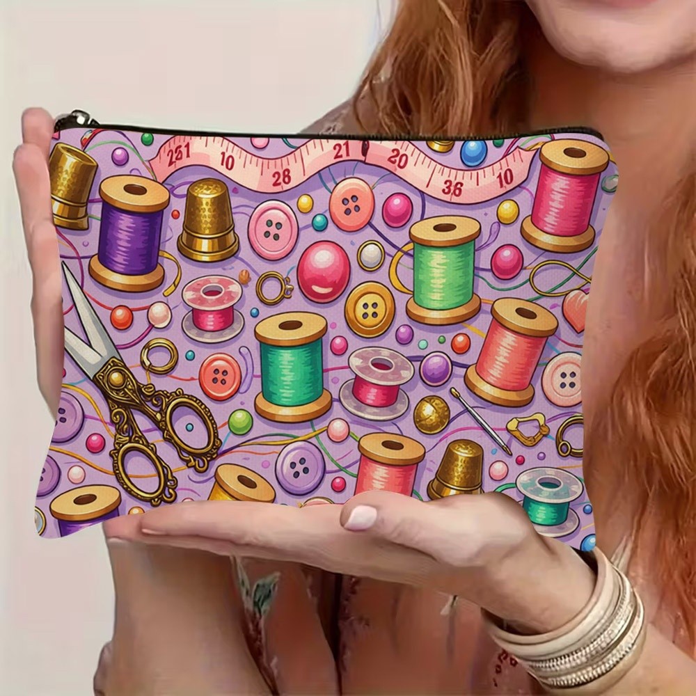 TEMU 1pc Sewing-themed Cosmetic Bag With Zipper Closure - Lightweight Durable Portable Pouch Suitable For Travel & Daily Storage, Compact Toiletry