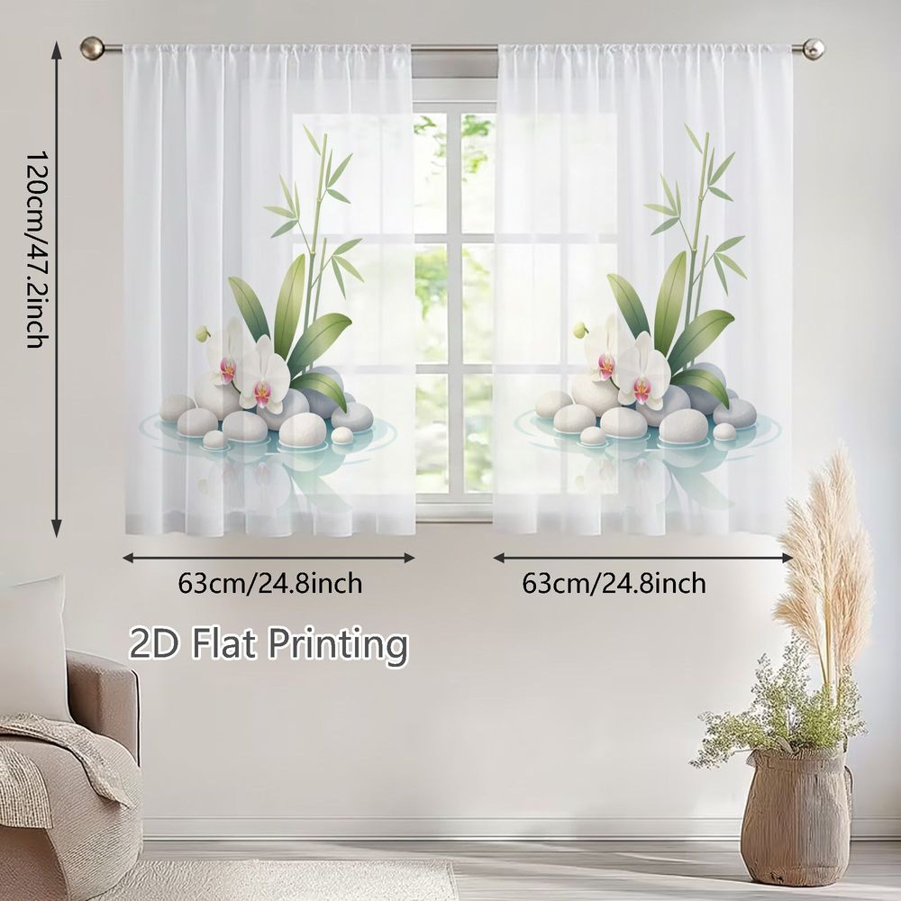 TEMU 2D Plat - 2D Plat - 2D Plat, 2pcs Petites Rideaux Voilages Printemps Été, Motif de Blanc Serein et avec Accents d'Orchidées Délicates, pour