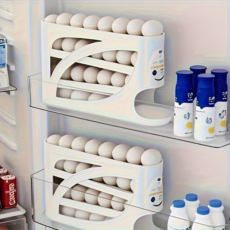4-Tier Rolling Egg Holder - Space-Saving Side Door Design, Holds 30 Eggs, Smooth Glossy Finish, Convenient Handle | Suitable for Kitchen and Fridge Storage | Modern Kitchen Accessory | Durable Plastic Material