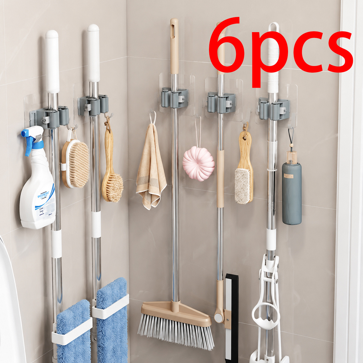 TEMU 6-pack Wall-mounted Broom Holders, Self-adhesive Mop Racks For Cleaning Tool Storage, Space-saving Hooks For Kitchen, Bathroom & Laundry Room,