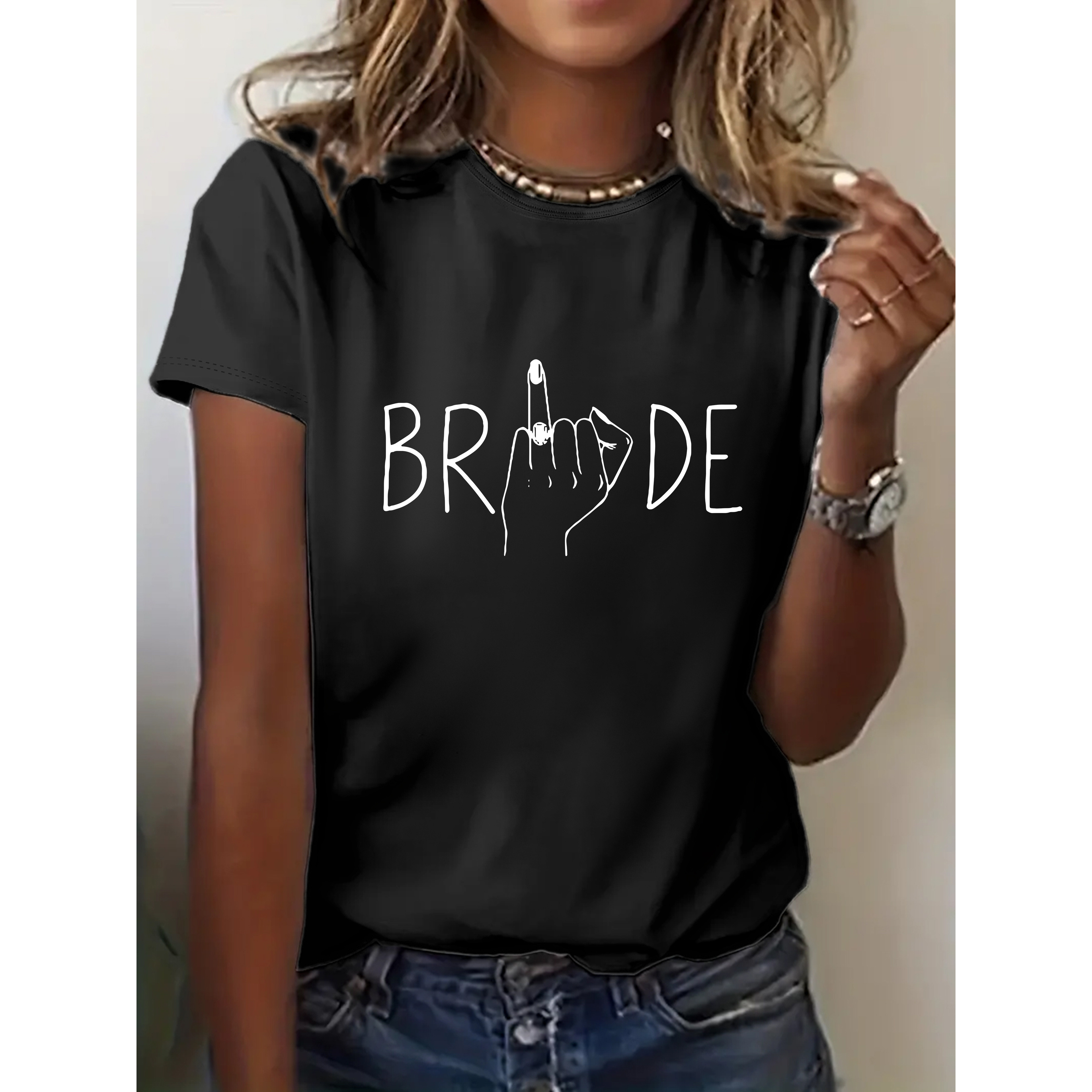 

Bride Print T-shirt, Short Sleeved Round Neck Casual Top, !